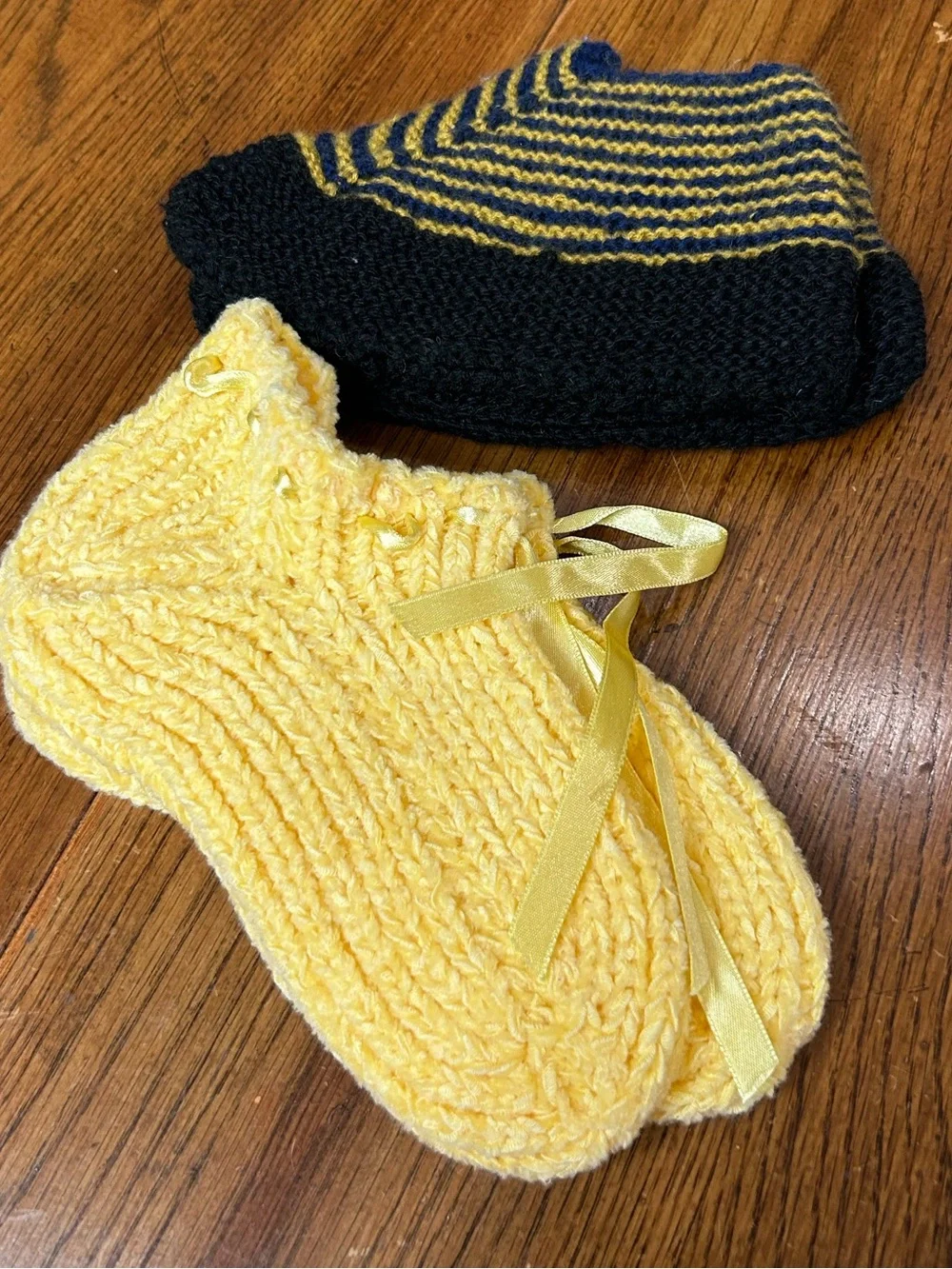 Hand Crocheted Kids Slippers Lot of 2 Pairs Yellow Navy Gold